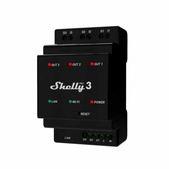 Shelly Pro 3, Releu comutator 3 canale, Wi-Fi, LAN, Bluetooth, Masurare Consum Energie, compatibil SmartThings