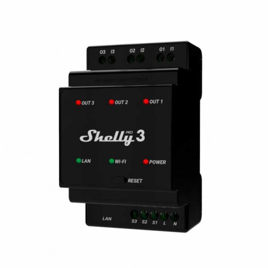 Shelly Pro 3, Releu comutator 3 canale, Wi-Fi, LAN, Bluetooth, Masurare Consum Energie, compatibil SmartThings Shelly Pro 3, Releu comutator 3 canale, Wi-Fi, LAN, Bluetooth, Masurare Consum Energie, compatibil SmartThings