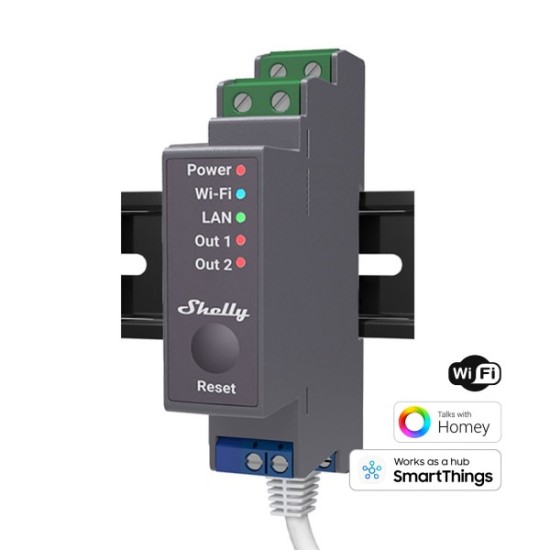 Shelly Pro 2PM, Releu comutator 2 canale, Wi-Fi, LAN, Bluetooth, Masurare Consum Energie, compatibil SmartThings