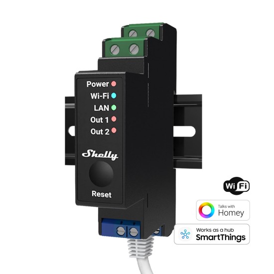Shelly Pro 2, Releu comutator 2 canale, Wi-Fi, LAN, Bluetooth, compatibil SmartThings