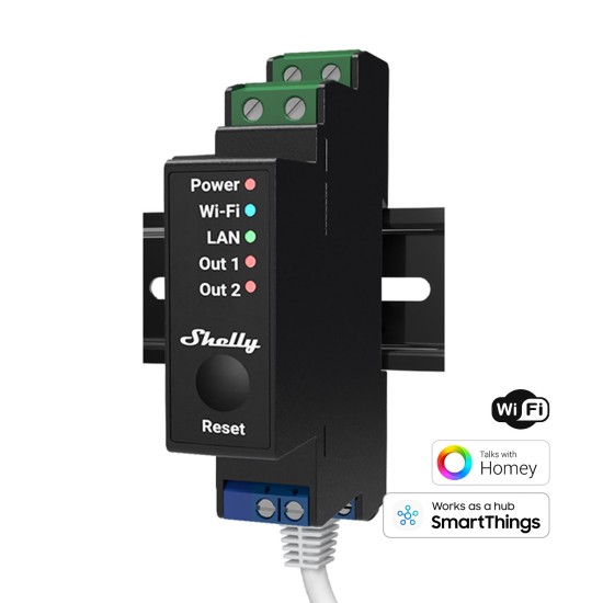 Shelly Pro 2, Releu comutator 2 canale, Wi-Fi, LAN, Bluetooth, compatibil SmartThings Shelly Pro 2, Releu comutator 2 canale, Wi-Fi, LAN, Bluetooth, compatibil SmartThings