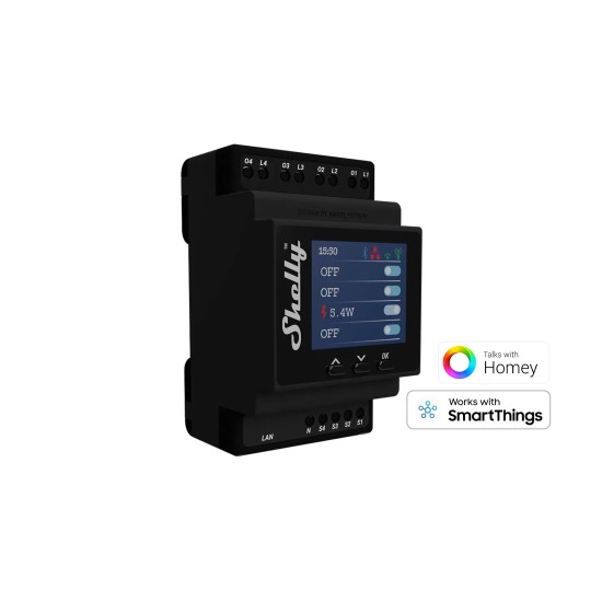 Shelly Pro 4PM, Releu comutator 4 canale, Wi-Fi, LAN, Bluetooth, Masurare Consum Energie, compatibil SmartThings Shelly Pro 4PM, Releu comutator 4 canale, Wi-Fi, LAN, Bluetooth, Masurare Consum Energie, compatibil SmartThings